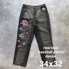 ワイドデニム　バギーデニム　MLB ワッペン　ブラック　黒　ワイドパンツ　古着