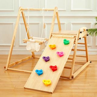 FUNLIO 4-in-1 木製子供用ブランコ＆滑り台セット、子供用折りたたみ式